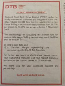 Diamond Trust Bank Kenya (DTB) has announced a reduction in its base lending rate