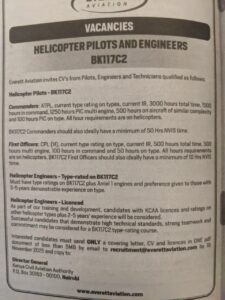 Everett Aviation has announced vacancies for Helicopter Pilots, Engineers, and Technicians