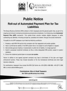 KRA has announced the introduction of a new Automated Payment Plan (APP) mechanism. PHOTO/MyGov.