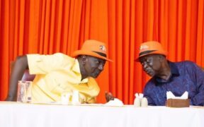 President William Ruto consults with ODM party leader Oburu Oginga during the ODM’S Founders Dinner in Mombasa. PHOTO/ODM.