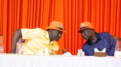 President William Ruto consults with ODM party leader Oburu Oginga during the ODM’S Founders Dinner in Mombasa. PHOTO/ODM. Raila
