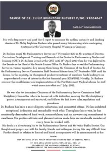 National Assembly Speaker Moses Wetang'ula statement announcing the death of Dr. Philip Brightone Buchere. PHOTO/Parliament.