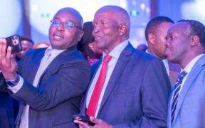 Kenya Revenue Authority (KRA) Commissioner General Humphrey Wattanga (left) takes a selfie with SanlamAllianz Kenya Chairman Dr John Simba (centre) and Insurance Regulatory Authority CEO Godfrey Kiptum (right) at the SanlamAllianz Kenya rebrand ceremony.
