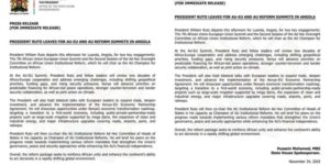 President William Ruto will depart this afternoon for Luanda, Angola