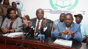 UASU Sec Gen Dr Wasonga and other union official at past media briefing event. PHOTO/S