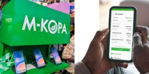 A Photo Collage Showing An M-KOPA Stall, and A Customer Holding A Newly Purchased M-KOPA Phone. PHOTO/ Courtesy