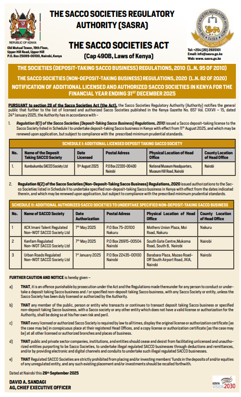 SASRA issues notice of inclusion of new SACCOs. PHOTO/SASRA Web