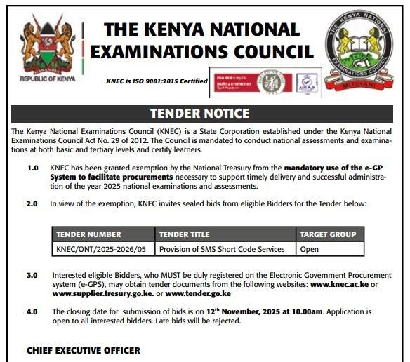 KNEC SMS service tender notice for interested Bidders. PHOTO/KNEC 