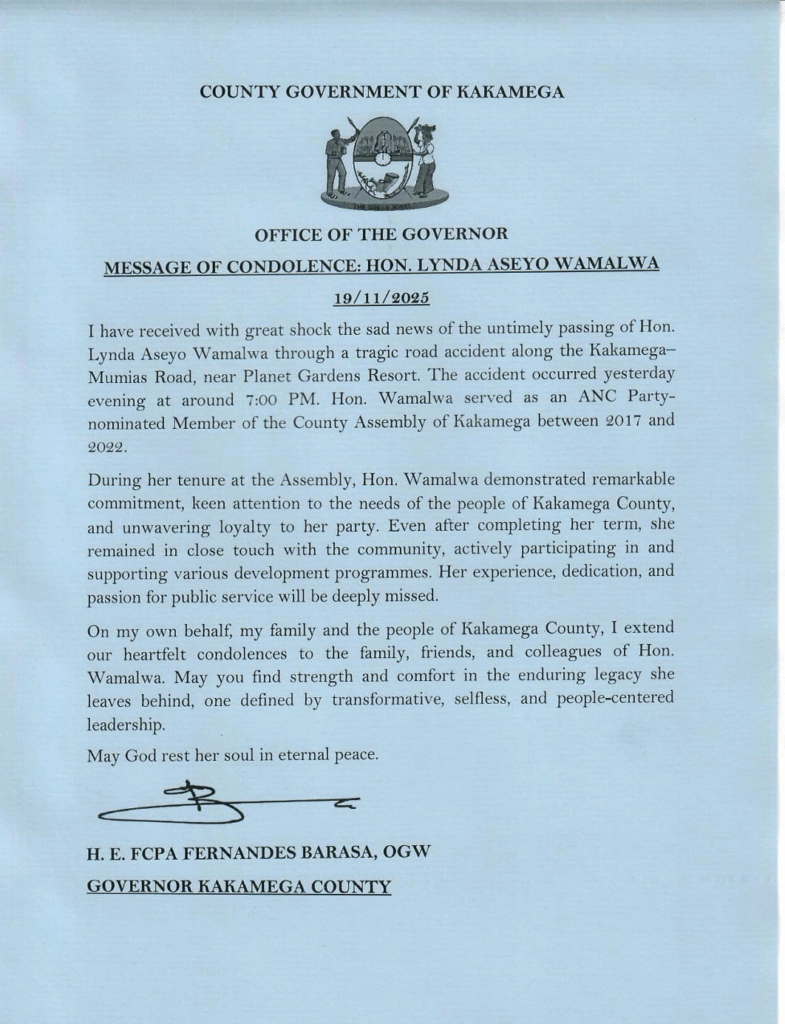 Condolence message from the Governor's office in Kakamega County mourning death of Aseyo Wamalwa. PHOTO/Courtesy