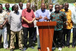 Agriculture Cabinet Secretary Mutahi Kagwe speaking in Malindi after meeting with the Council of Governors' (CoG) Agriculture Committee and the ASAL Governors Caucus on December 17, 2025.