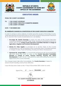 Homabay Governor Gladys Wanga has made changes to the membership of the county executive committee in a notice