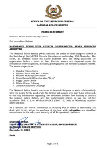 NPS issues public notice stating the arrest of seven suspects linked to Kariobangi North PCEA Church disturbances. PHOTOS/ NPS X
