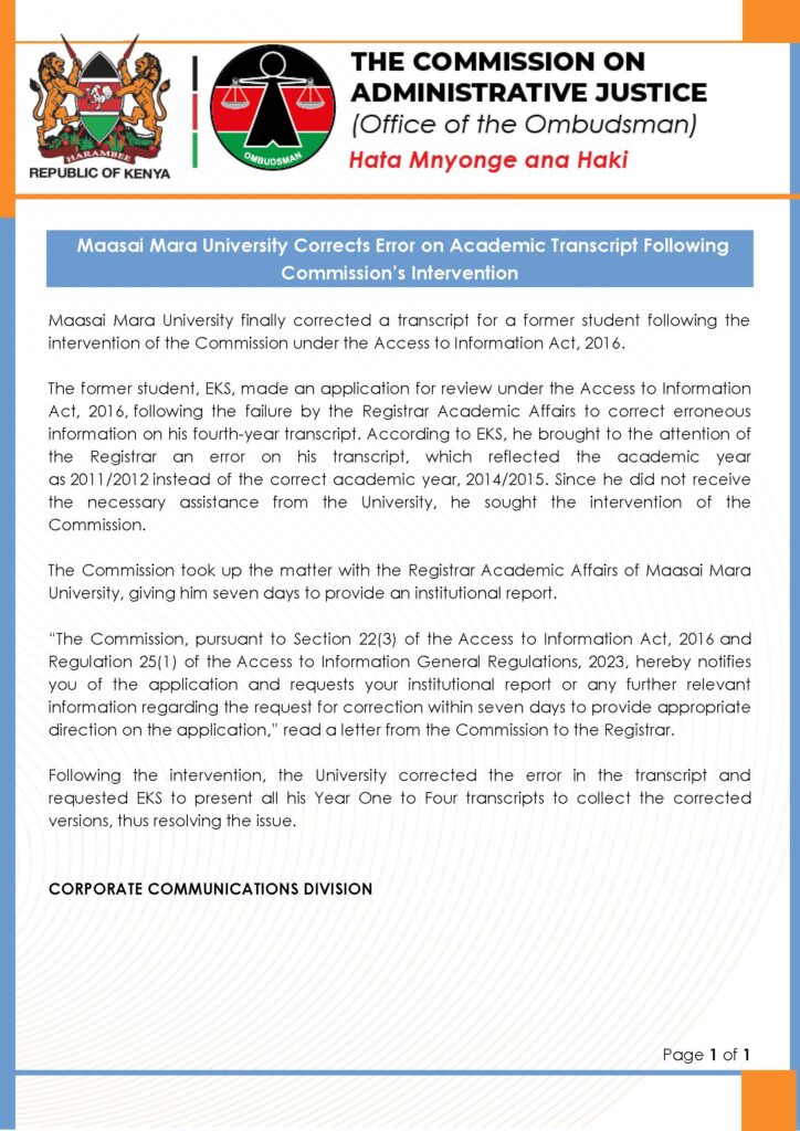 Commission's notice showing how Maasai Mara University corrected error on student's transcript. PHOTO/C