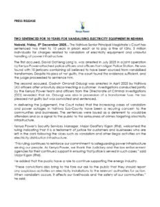 Kenya Power announces two men have been jailed for transformer vandalism. PHOTO/KPLC X