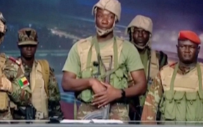 A group of soldiers gives a statement on Benin's national television, claiming to have seized power, following reports of a coup attempt underway against the government of Benin's President Patrice Talon, in Cotonou, Benin, on December 7, 2025. Photo credit: Reuters