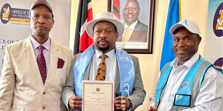 Mike Sonko, the Former Governor of Nairobi, Kenya, Receiving the Full Registration Certificate for his New Political Party, the National Economic Development Party (NEDP). PHOTO/ Capital FM