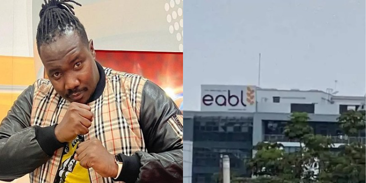 A Photo Collage of Former Citizen TV Journalist Willis Raburu and EABL Building in Nairobi. PHOTO/ File