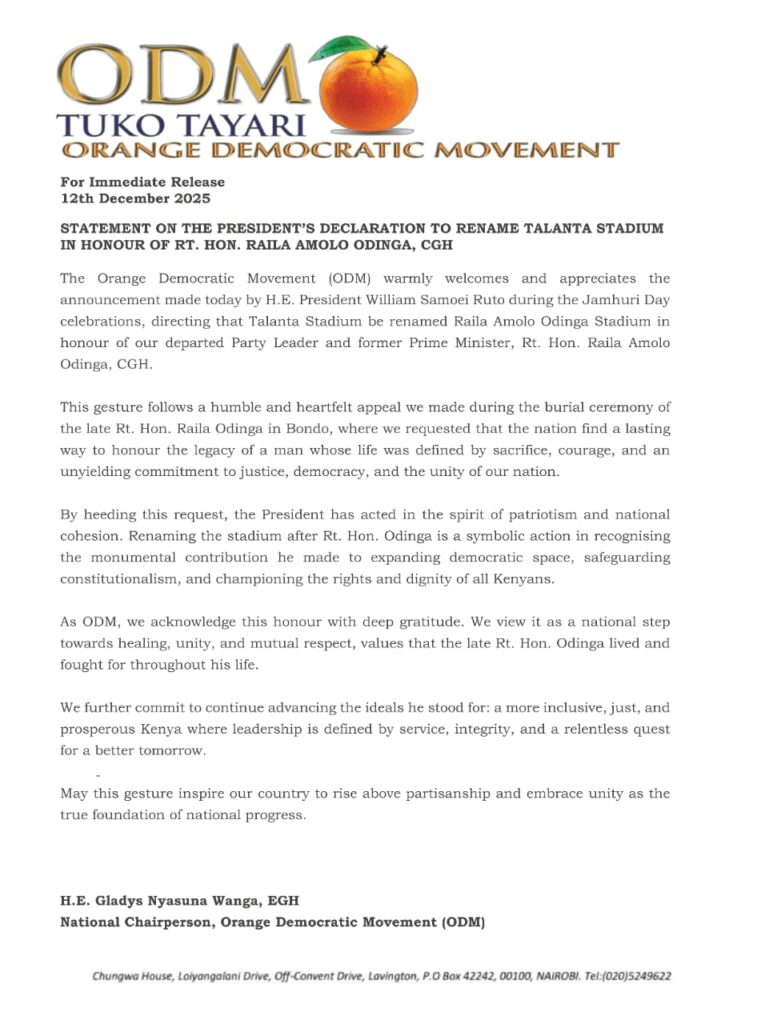 ODM issues public notice to welcome the move of renaming Talanta Stadium to honor Raila Odinga. PHOTO/Wanga X