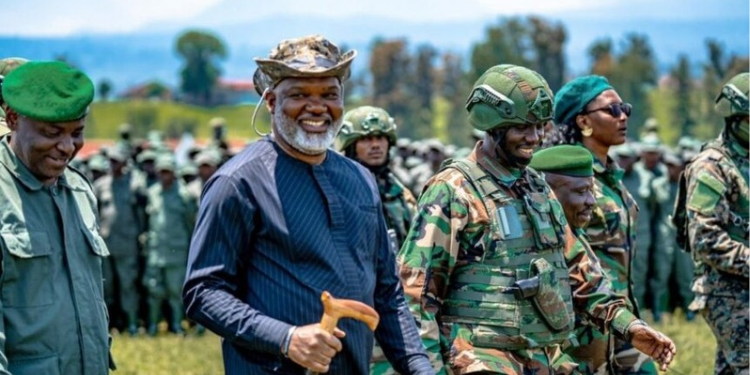 AFC/M23 Military Chief, Major General Sultani Makenga (pictured in the center with a cane), and the Head of the Political Wing, Cornell Nangaa in a Past Event. PHOTO/File