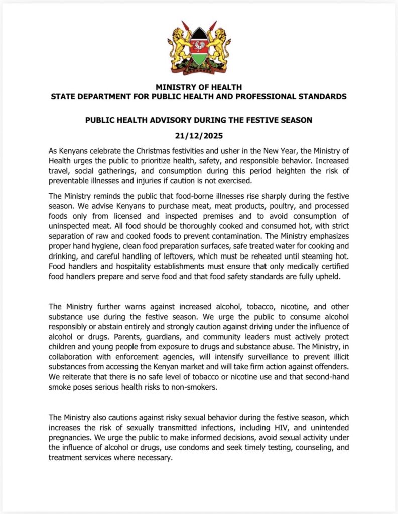 The Ministry of Health public notice to the public cautioning them ahead of Christmas and New Year celebrations. PHOTO/MoH X