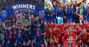 The images show football moments in 2025 where PSG won 6 trophies including the champions League, Chelsea won FIFA Club World Cup and Liverpool won the Premier League
