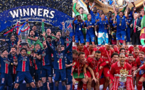 The images show football moments in 2025 where PSG won 6 trophies including the champions League, Chelsea won FIFA Club World Cup and Liverpool won the Premier League