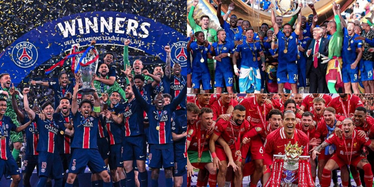 The images show football moments in 2025 where PSG won 6 trophies including the champions League, Chelsea won FIFA Club World Cup and Liverpool won the Premier League