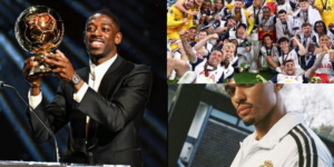 The image shows Dembele lifting the Ballon d'Or after having a wonderful season, Tottenham lifting the Europa trophy and an unforgettable moment for the Liverpool fans as Trent joined Real Madrid 