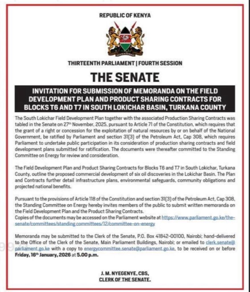 Senate public notice inviting the public to submit views on Oil Development Plan. PHOTO/Sifuna X