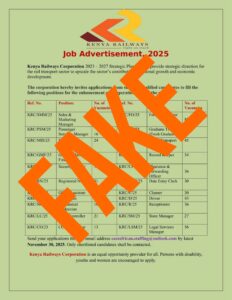 This is a notice released by the Kenya railways corporation urging the public to be cautious against fraudsters of fake job advertisements Photo/Kenya Railways/X
