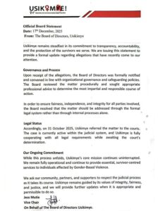 Statement released by the Usikimye Organisation addressing the stand of the Kenyan based NGO. PHOTO/Usikimye