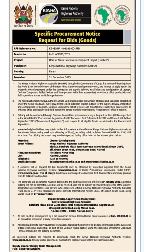 KeNHA notice announcing tender for Bidders. PHOTO/KeNHA Web