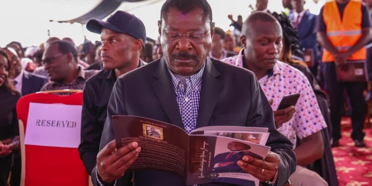 National Assembly Speaker Moses Wetangula joined mourners at Lumakanda Township Primary School in Lugari Constituency, Kakamega County, for the final journey of former Cabinet Minister Cyrus Jirongo. PHOTO/Wetangula X.