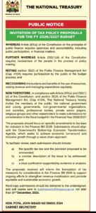 Notice from the National Treasury inviting the public and stakeholders to submit specific tax policy proposals for the financial year 2026/2027