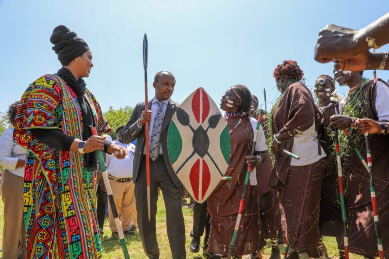 Governor Mutula Kilonzo Jr and PS for Culture, The Arts and Heritage Ummi Bashir during cultural day in Makueni county.