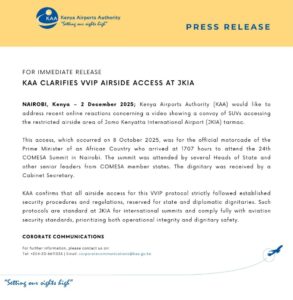 A Press Release by the Kenya Airports Authority on the Issue of SUVs Convoy Entering JKIA Restricted Area. PHOTO/ KAA