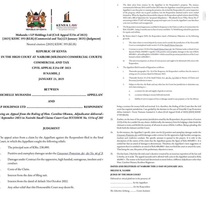 Image showing details of how the court ordered the landlord to refund tenant's rent deposit. PHOTO/File