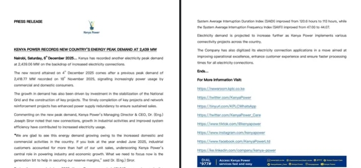 Kenya Power announces new country's energy peak. PHOTO/KPLC