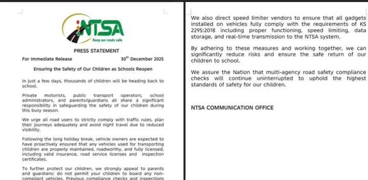 NTSA public notice ahead of school reopening. PHOTO/NTSA X Screenshot 