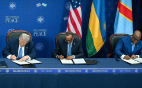 Donald Trump, Paul Kagame and Felix Tshisekedi at White House on December 4 during the signing of peaceful agreement. PHOTO/Ruto X