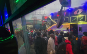 Nairobians queuing waiting to board a bus. PHOTO/Courtesy