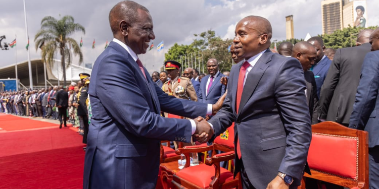 President William Ruto with Deputy President Kithure Kindiki during swearing in at KICC on November 1, 2024.[DPCS]