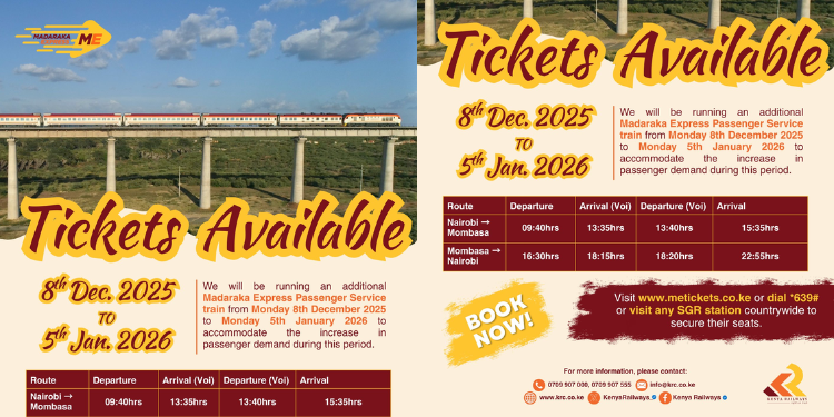 Kenya Railways has announced that it will run an additional Madaraka Express Passenger Service train from Monday, December 8,  2025, to Monday, 5th January 5, 2026, to accommodate the increased passenger demand during the festive season