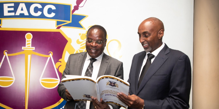 EACC Chairperson Dr. David Oginde and CEO Abdi Mohamud during the launch of the 2024/2025 Annual Report at the Integrity Centre. PHOTO/EACC.