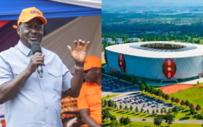A photo collage of late Raila Odinga and Talanta Hela Stadium. PHOTO/UGC.