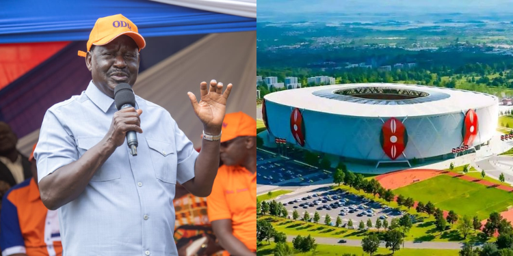 A photo collage of late Raila Odinga and Talanta Hela Stadium. PHOTO/UGC.