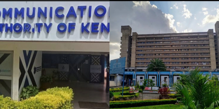 A collage photo of KNH and Communications Authority of Kenya headquarters in Nairobi