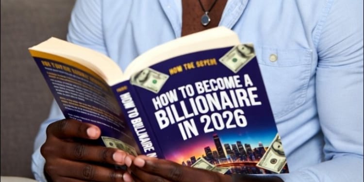 An AI photo photo of a man reading a book titled "How to become a billionaire". PHOTO/GROK.