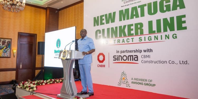 President William Ruto  witnessed the signing of the KSh32 billion contract between the Bamburi Cement PLC and SINOMA-CBMI Construction Co. Ltd in Matuga, Kwale County. PHOTO/PCS.
