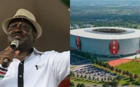 A photo collage of late Raila Odinga and Talanta Hela Stadium. PHOTO/UGC.